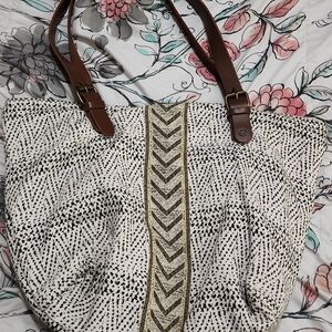 Prana Cream and Brown Patterned Tote